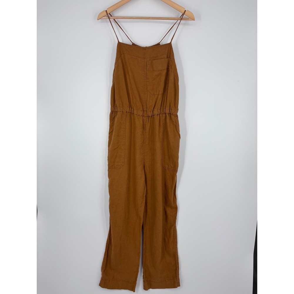 Everlane The Shoestring 100% Linen Apron Jumpsuit Womens S‎ Brown Elastic Waist